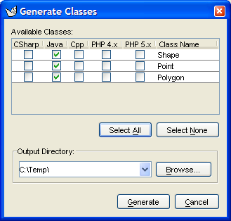 The dialog for Generate Selected Classes....