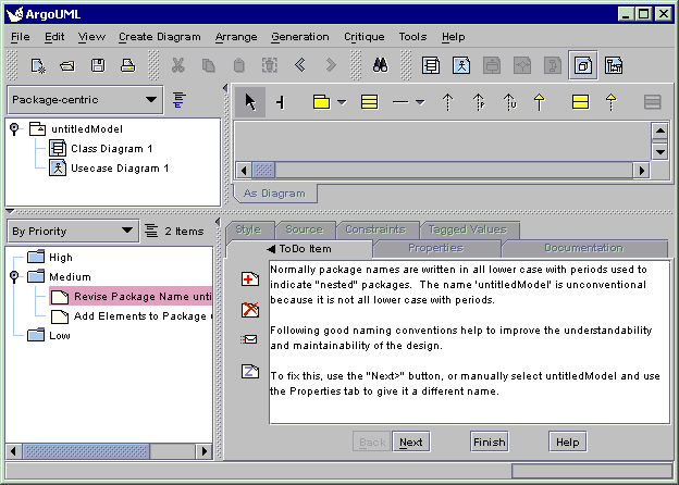 ArgoUML window showing the critic item Revise Package Name UntitledModel
