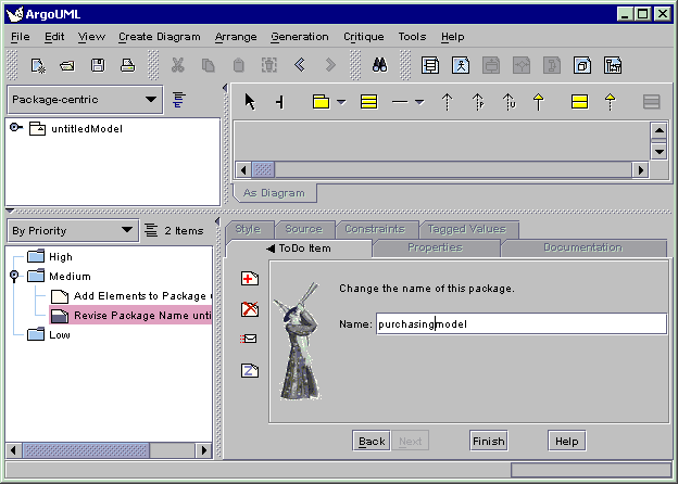 ArgoUML window showing the critic wizard to rename the package
