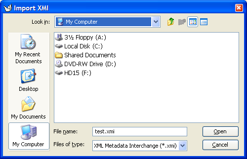 The dialog for Import XMI....