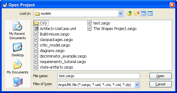 The file selection dialog for Open Project....