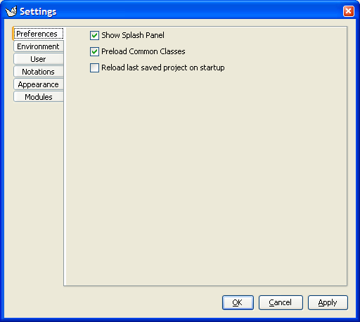 The dialog for Settings - Preferences.