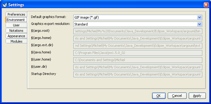 The dialog for Settings - Environment.