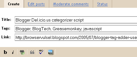 Blogger editor with Tags field